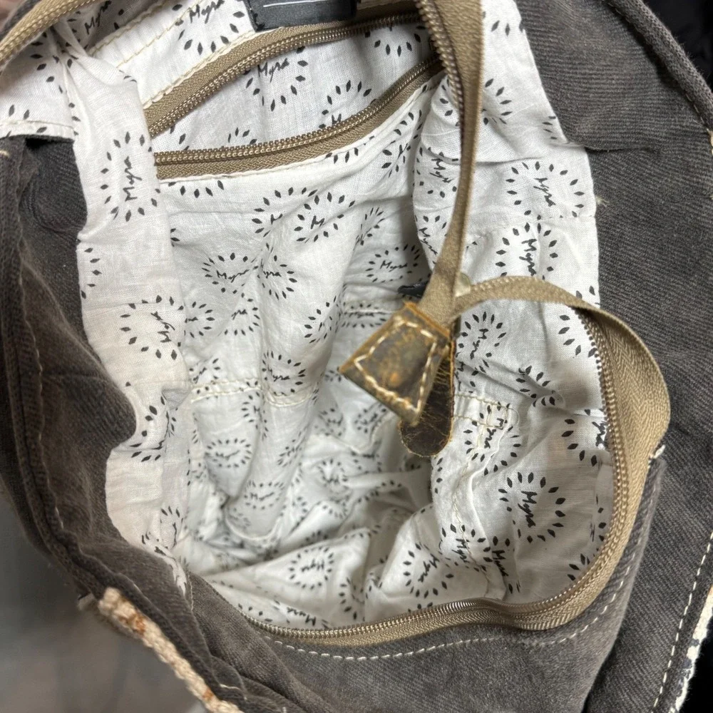 Myra Bag Backpack Med Gray Brown Boho Canvas Leather Hair-On Southwestern Boho